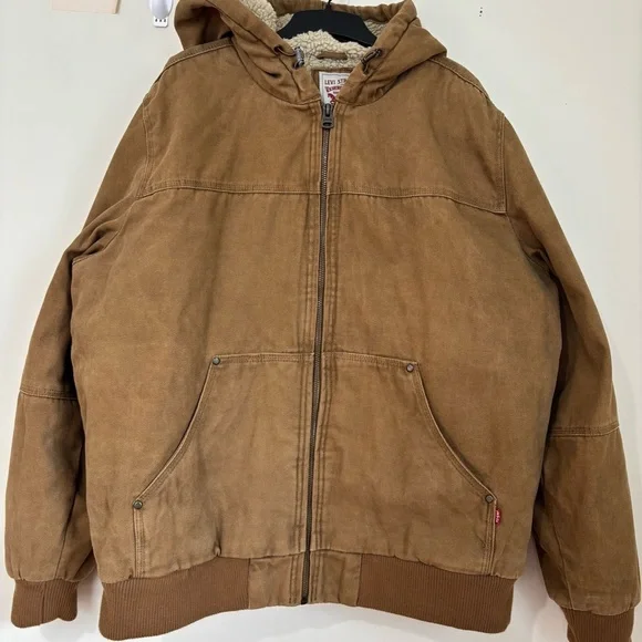 Levi’s Sherpa lined Workwear Brown Washed Canvas Outdoor winter Bomber Jacket XL - Picture 7 of 16